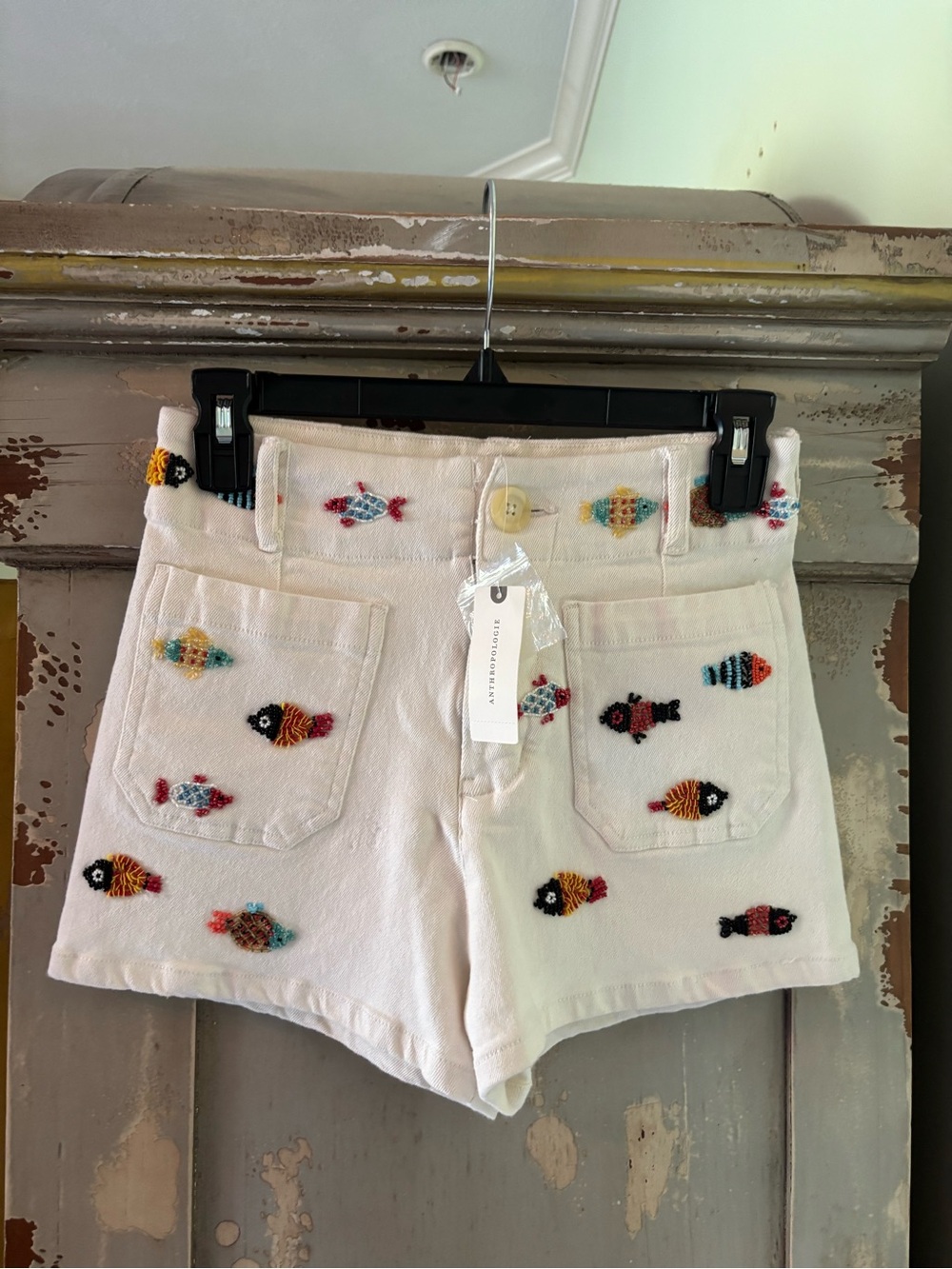 Anthropologie White Cotton Shorts with Multicolor Fish Embroidery - Picture 2 of 11